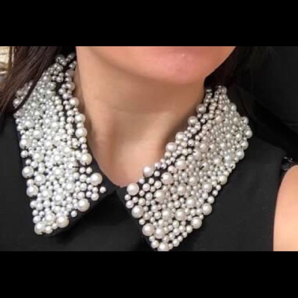 Black, straight dress with pearl neck